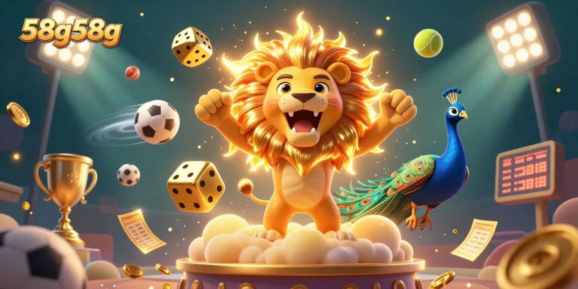Experience excitement with 58g58g's dynamic sports betting scene, showcasing stellar symbols and trophies.