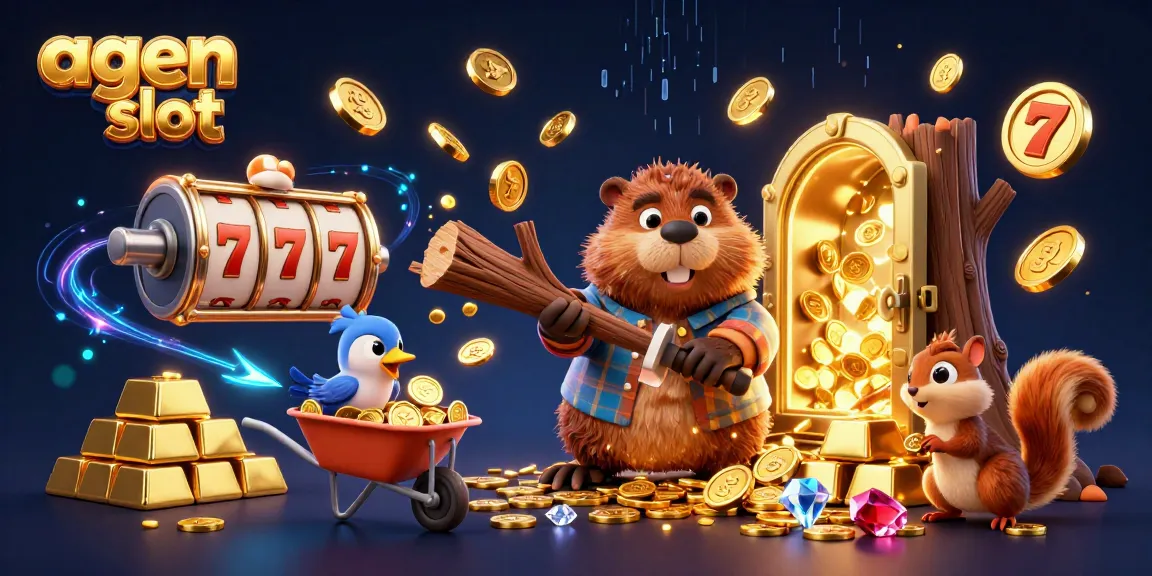 Memenangkan jackpot agen slot dengan gambar beaver 3D menebang pohon koin emas di sekitar simbol slot.