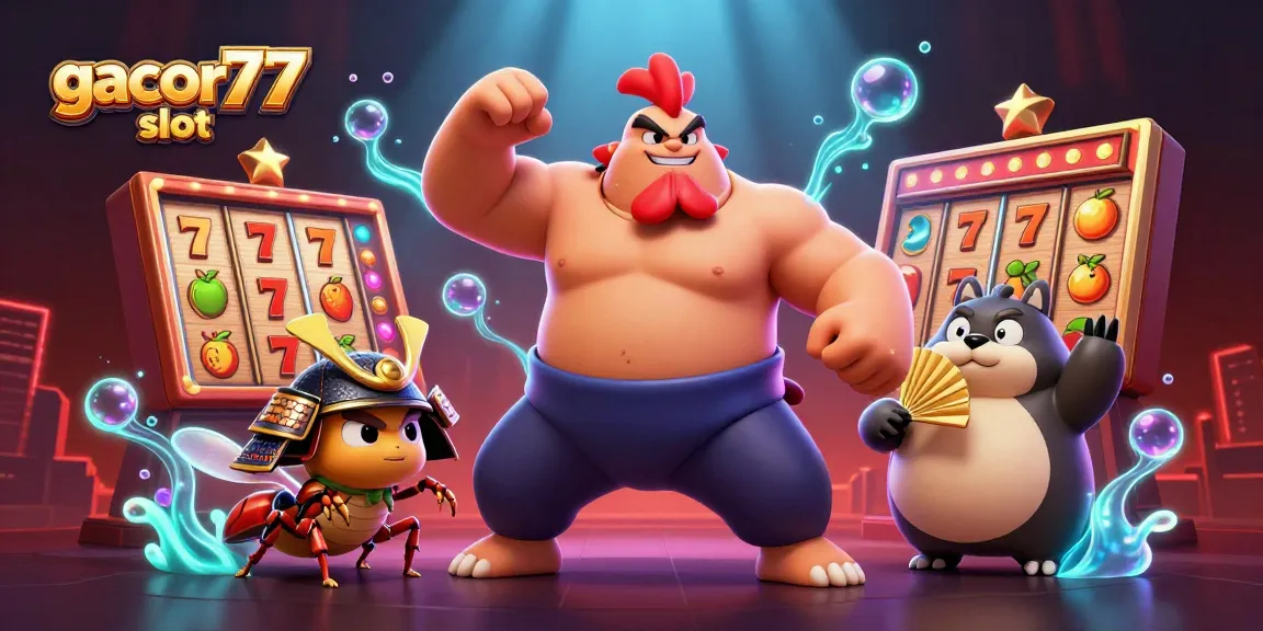 Menangkan gacor77 slot dengan ilustrasi 3D penuh warna yang mendebarkan dan simbol permainan slot.