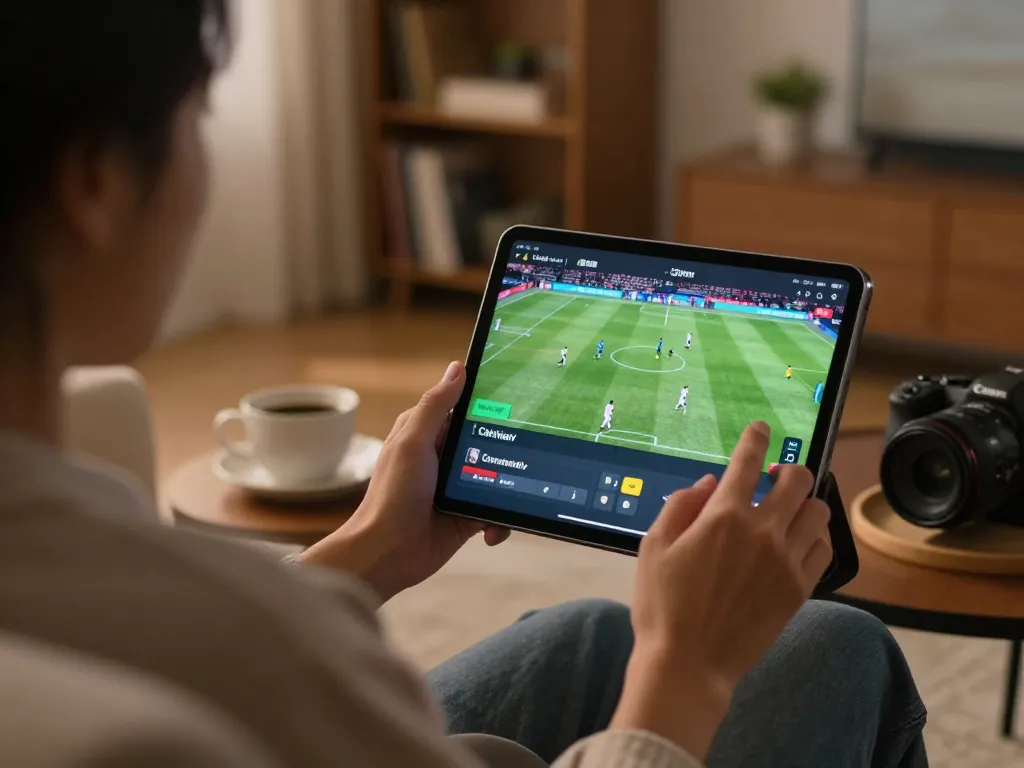 Cakhiatv user enjoying live football streaming on tablet at home in cozy setting.