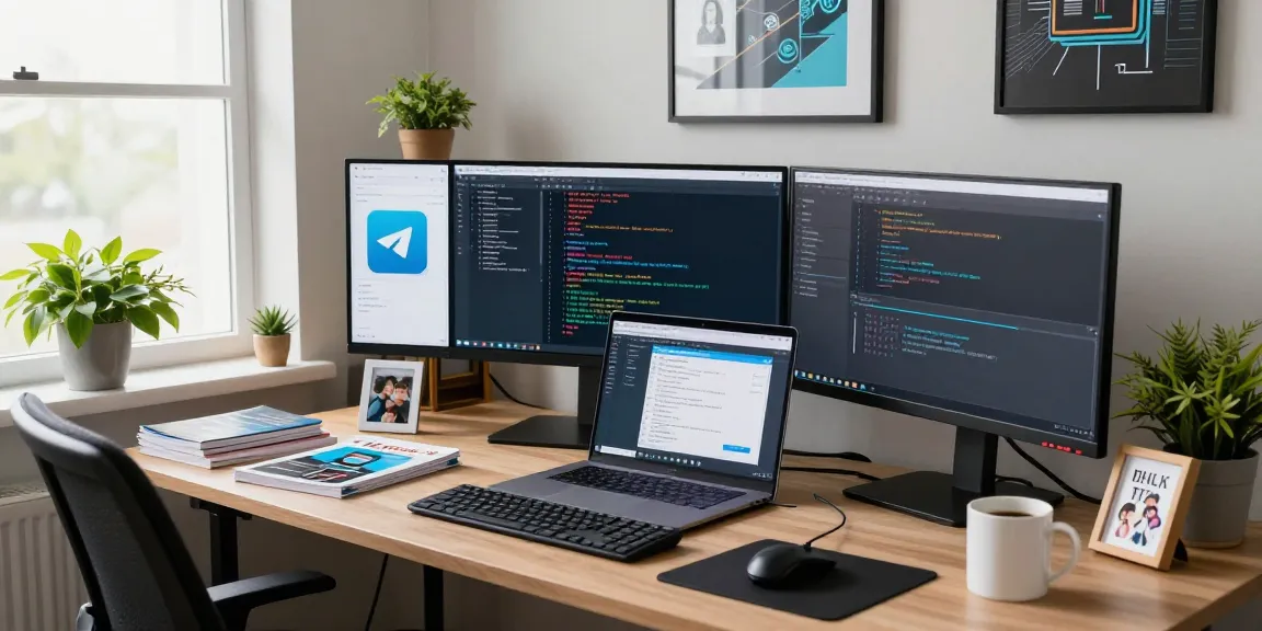Dynamic workspace showcasing the 纸飞机中文版 interface on multiple monitors with coding activities, inspiring focus.