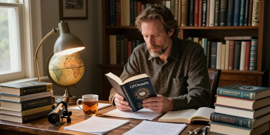 The scene showcases T. Allen Greenfield at his desk with books about spirituality and UFOs, embodying contemporary literary exploration at https://tallengreenfield.com.