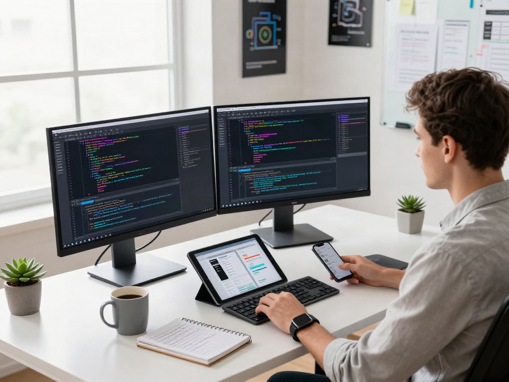 Software engineer at modern desk coding while accessing bro138 login on dual monitors in a bright tech workspace.