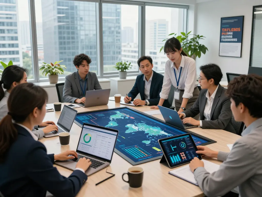 Global Power in a collaborative corporate meeting showcasing energy management strategies with professionals engaged in team discussions.