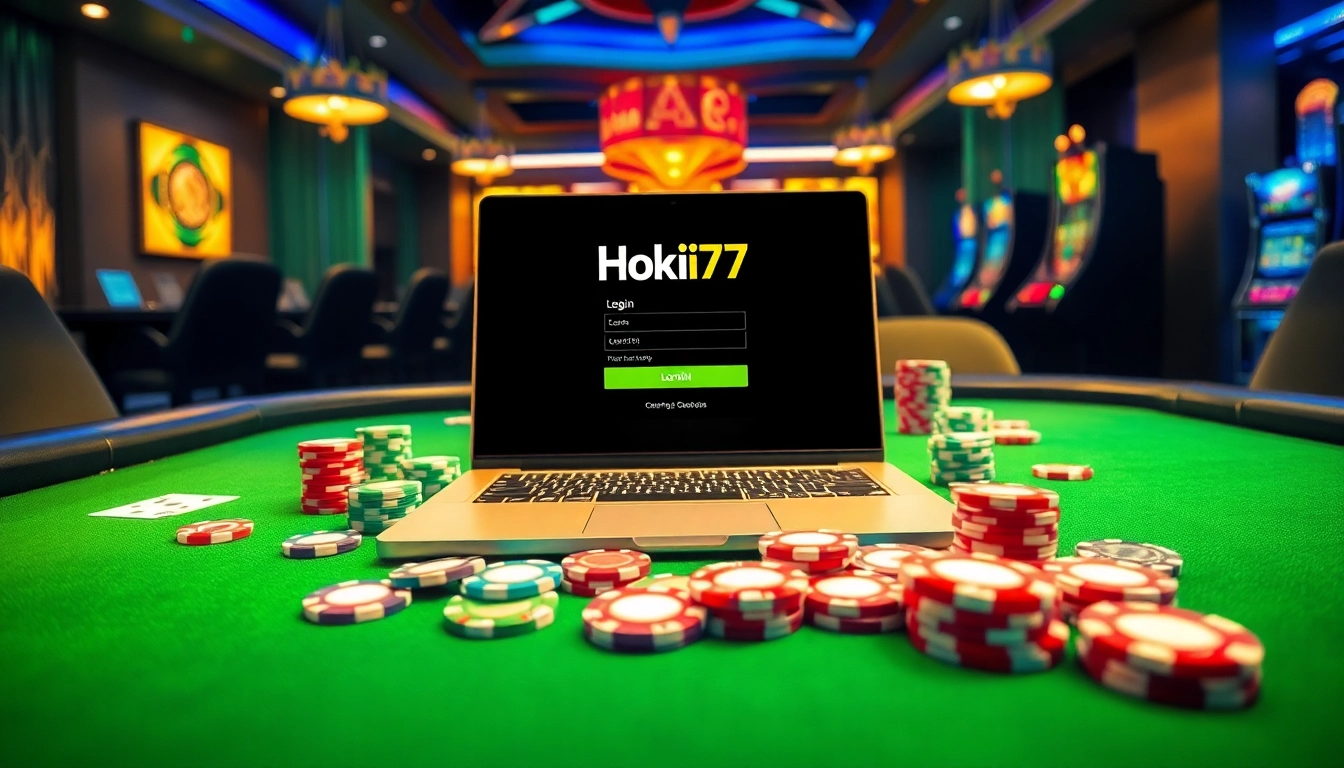 Experience Hoki77 online gaming with vibrant casino tables, interactive slot machines, and rich poker chips