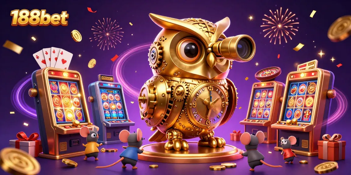 Engage with 188bet's vibrant casino experience featuring owl and playful mice amidst colorful slot action.