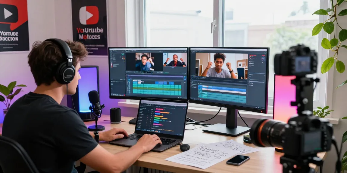 YouTube monetization strategies explained within a dynamic home studio setup showcasing a creator engaging with audiences while analyzing video performance.
