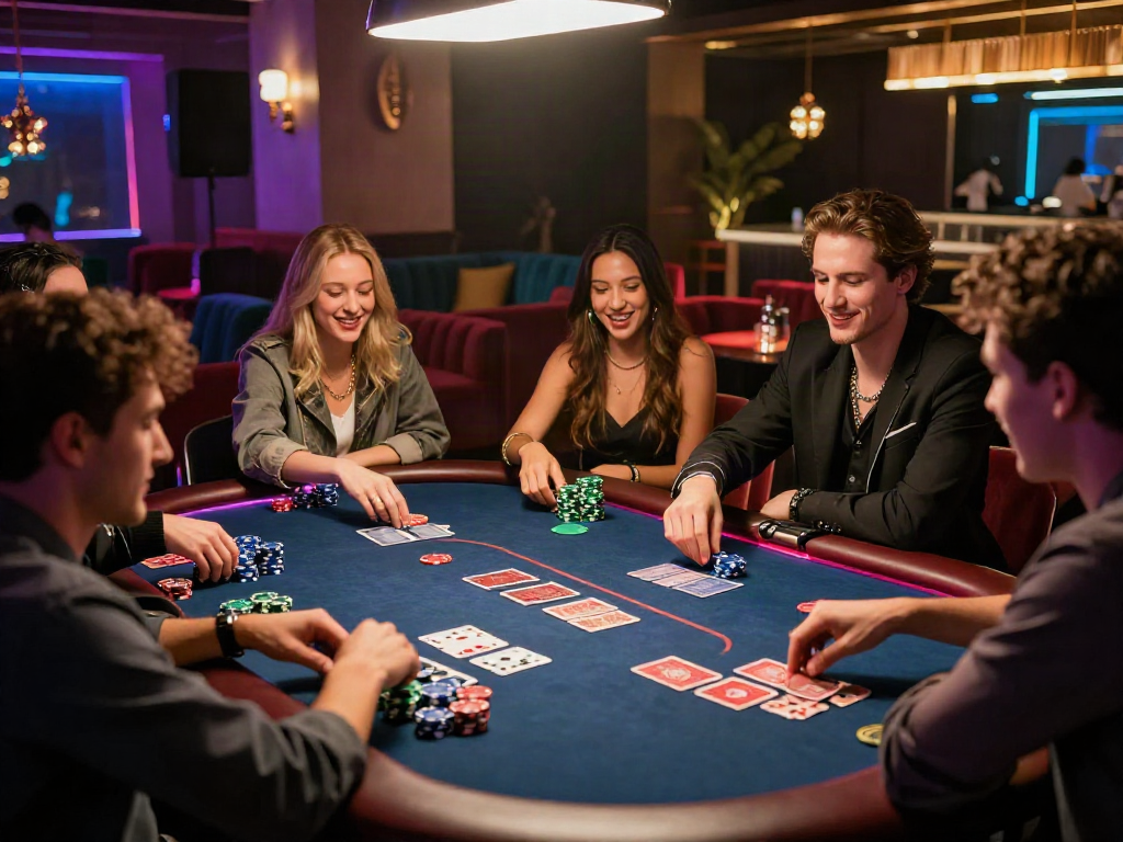 Suasana permainan poker mewah di lounge LUXURY111 dengan teman-teman dalam cahaya ambient.