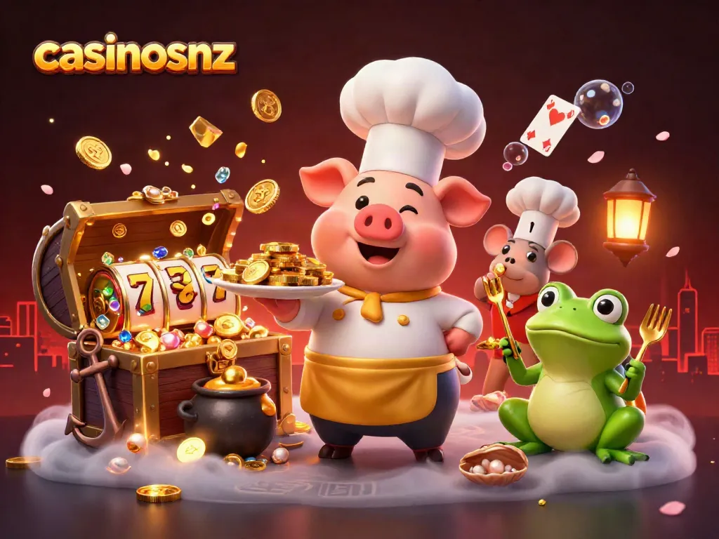 Engage with casinosnz as chef pig serves gold coins, surrounded by slot reels and sparkling gems.
