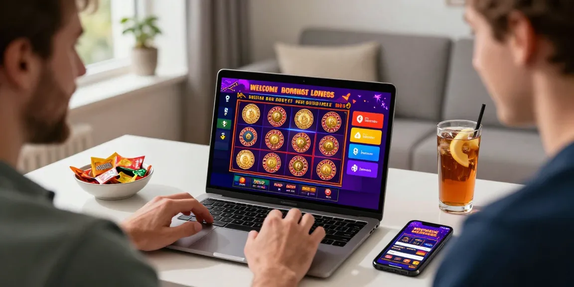 British player enjoying an engaging non UK casino experience at home, showcasing games and bonuses.