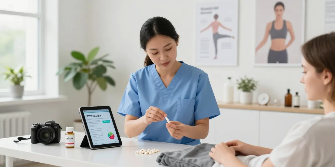 Demonstration of TB 500 benefits in wellness studio with buccal strips treatment, professional guidance, and health metrics.