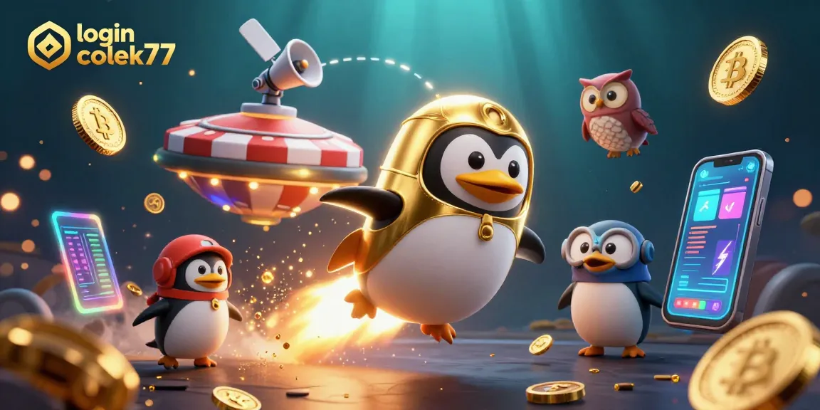 Experience the thrill of login colek77 while encountering a golden penguin in a vibrant casino space setting.