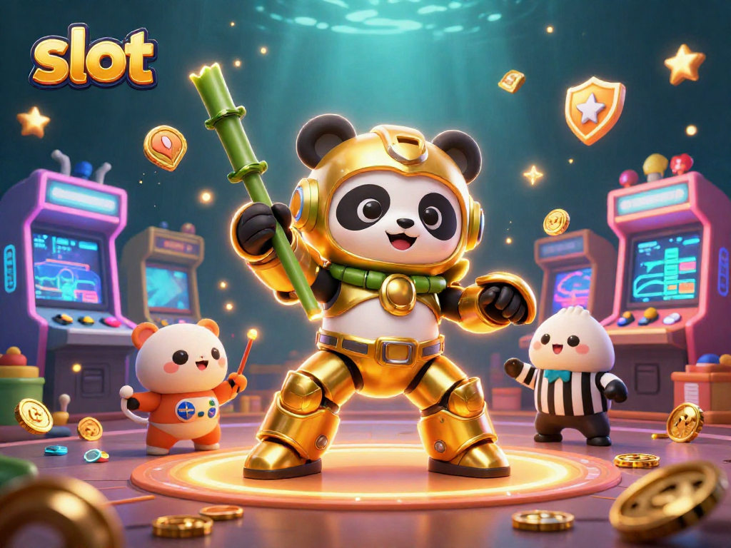 Slot menarik di Slot Bet Kecil dengan panda emas bertarung di arena penuh kemeriahan.