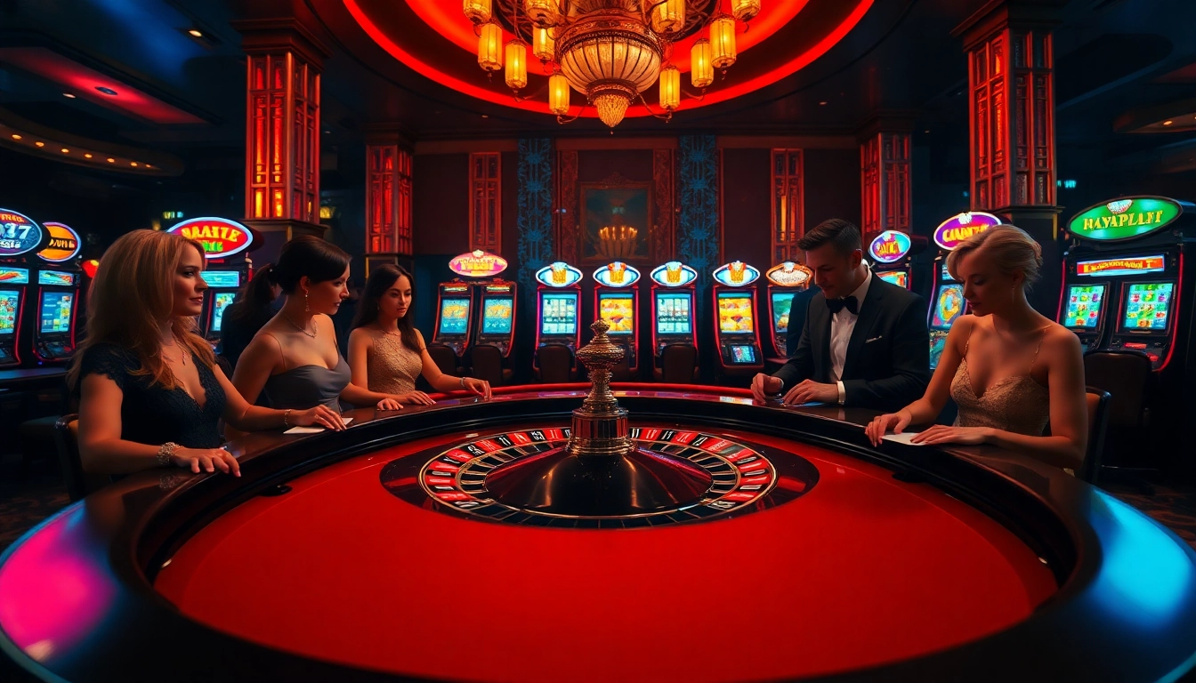 Menggambarkan suasana kasino yang menawan dengan pemain poker di bbni4d yang bermain di meja roulette.