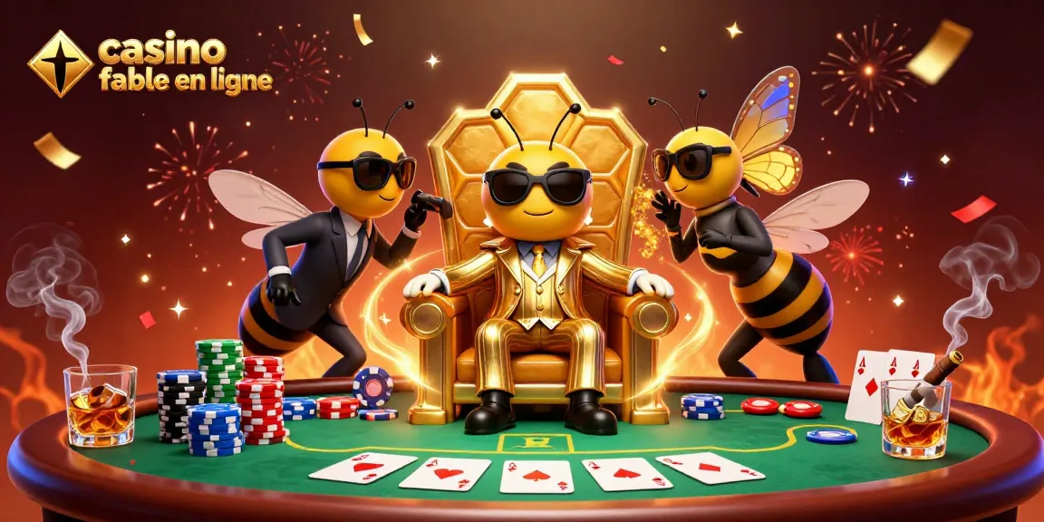 Illustration d'un casino fiable en ligne avec un boss abeille 3D dans un trône, jeu de cartes et jetons autour