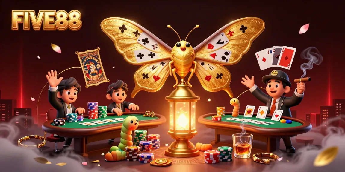 Experience thrilling poker at FIVE88 with a cartoon moth illuminating a vibrant casino scene.