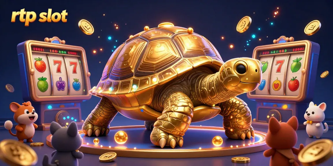Engage with the mesmerizing rtp slot featuring a colossal golden tortoise pinball machine amidst vibrant slot reels and sparkling coins.