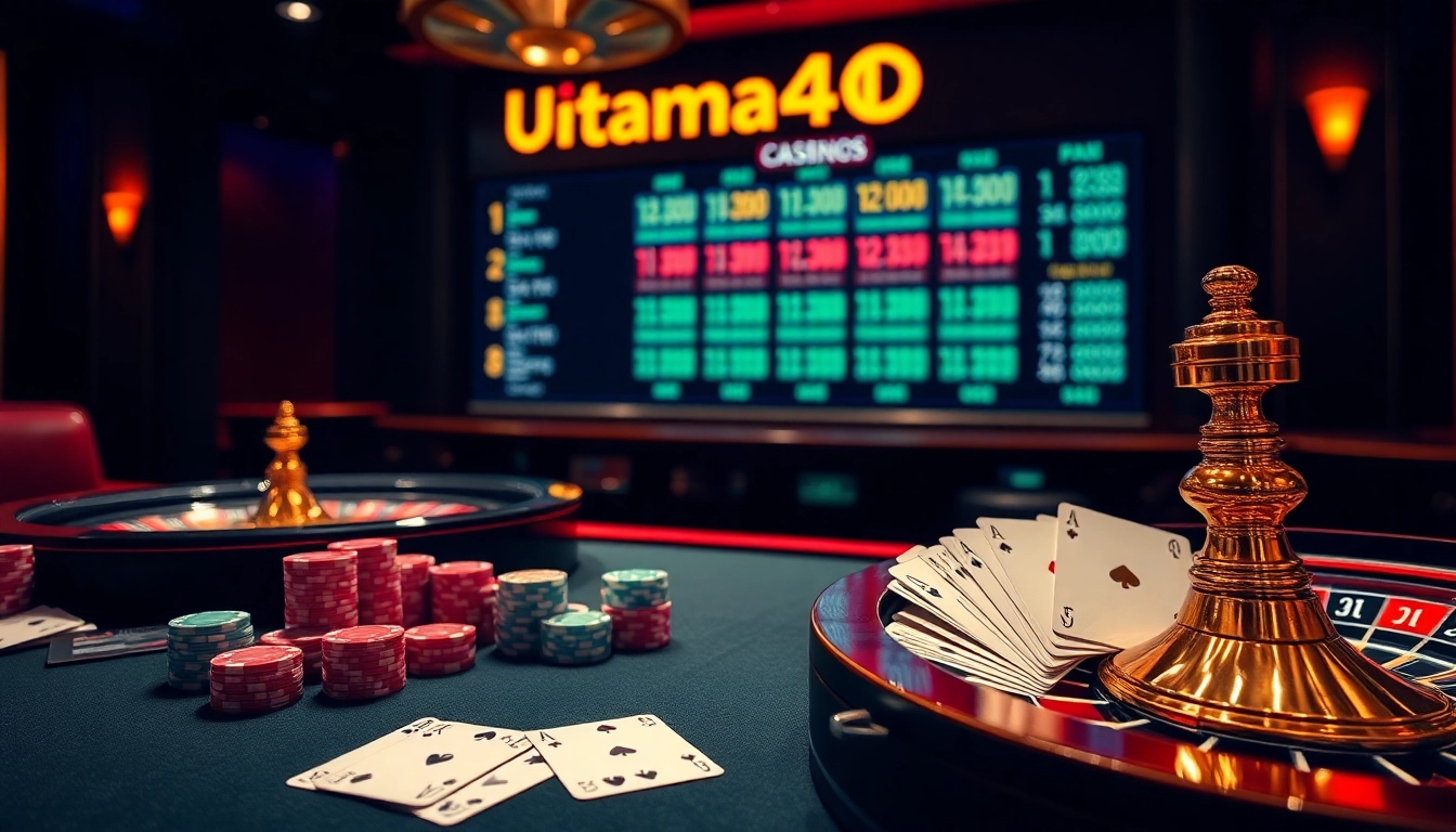Rasakan permainan taruhan tinggi dengan atmosfer kasino canggih Utama4D yang menampilkan keping poker dan roda roulette.