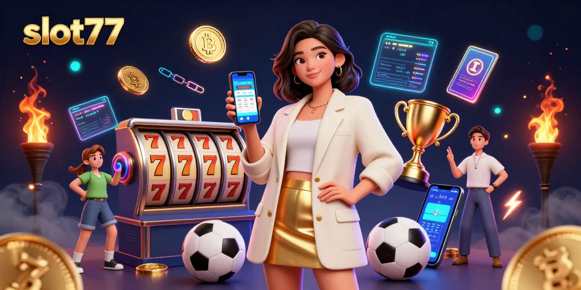 Experience thrilling wins with slot77—an Asian woman showcases a betting app amid vibrant 3D casino elements.