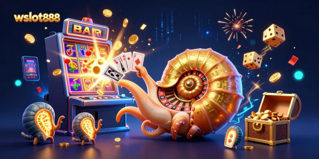 Gambarlah dengan tema wslot888, menampilkan nautilus raksasa dan mesin slot yang mengeluarkan koin.