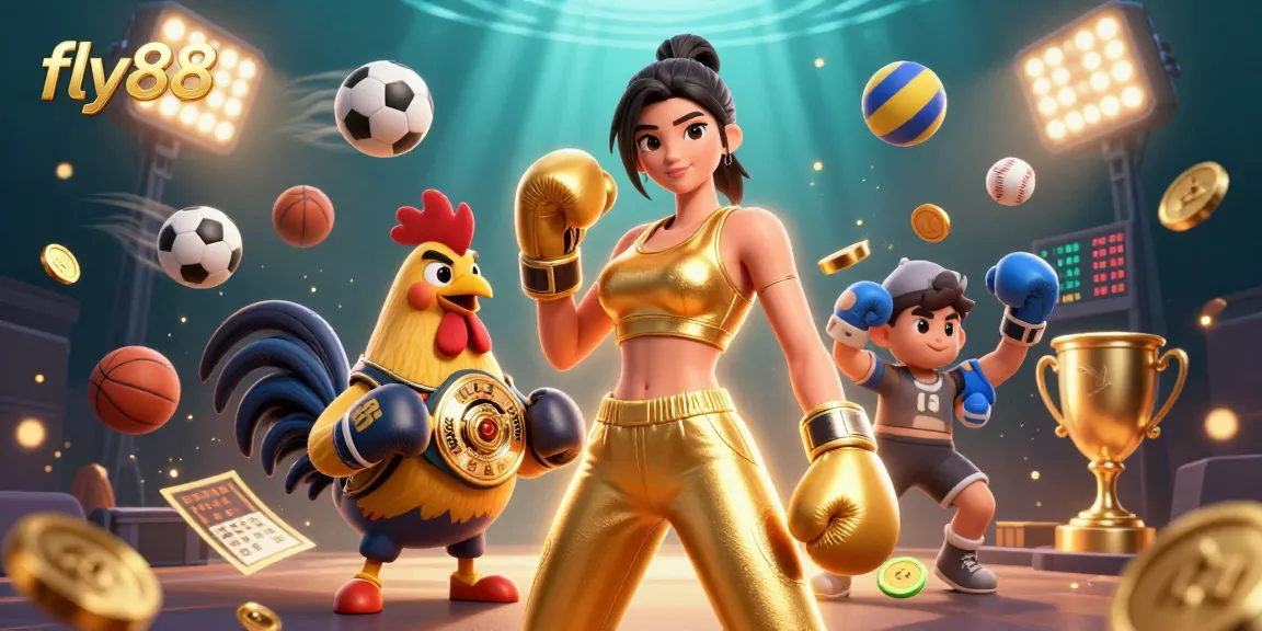 Experience exciting games at fly88 with a powerful champion rooster and striking athlete in action.
