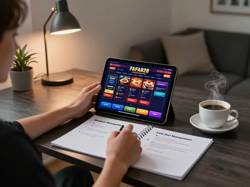 Player engaging with FAFA828 online slots interface, illustrating a cozy home gaming setup