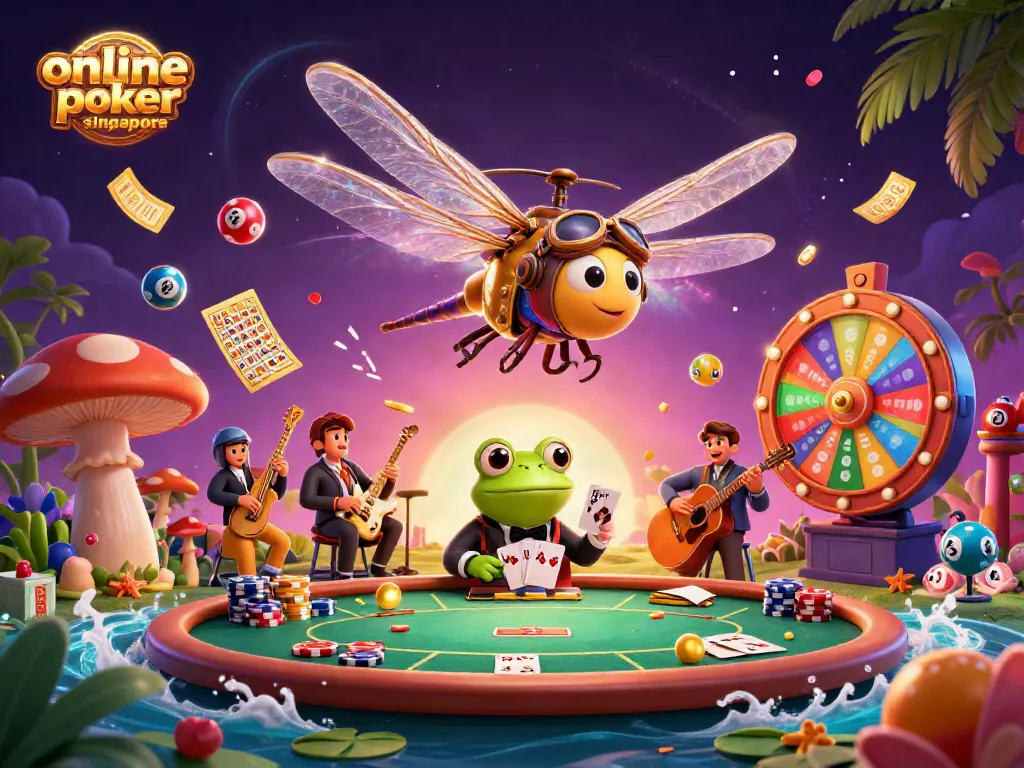 Experience the excitement of online poker Singapore with a vibrant 3D casino scene featuring poker tables and dynamic game elements.