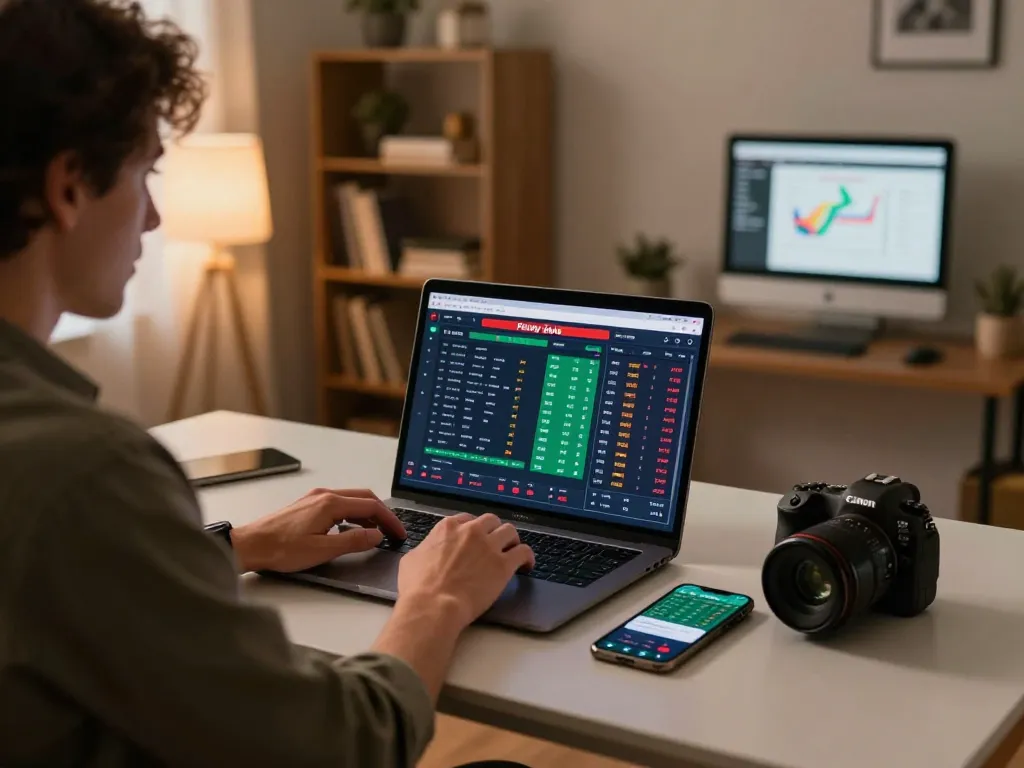 Engaging scene of a person analyzing parlay bola odds on a laptop while placing bets.