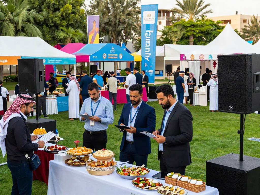 Event rentals showcased at a vibrant corporate event in Riyadh with tents and catering.