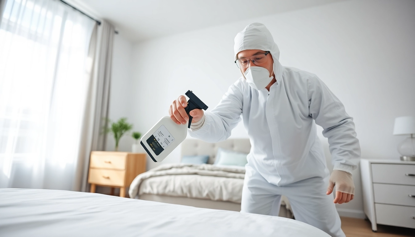 Technician applying bed bug chemical treatment in a bright bedroom environment.