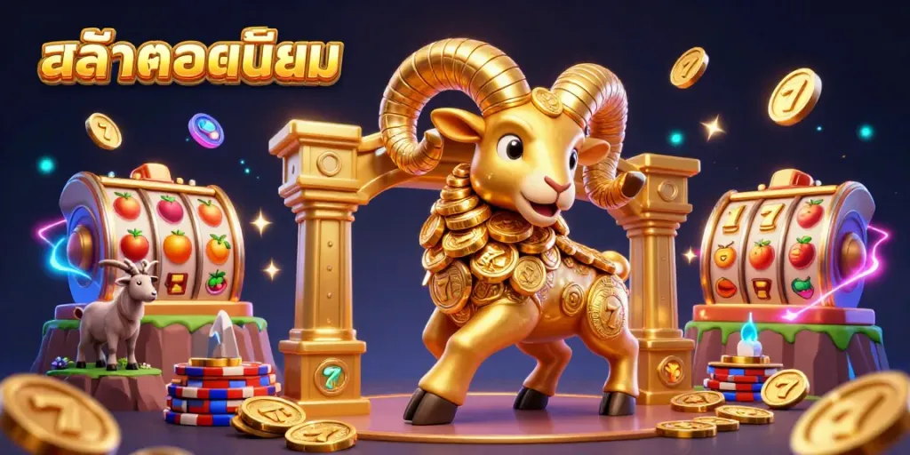 Engage with the thrilling สล็อตยอดนิยม scene featuring a golden ram amidst dynamic slot symbols and vibrant energy.