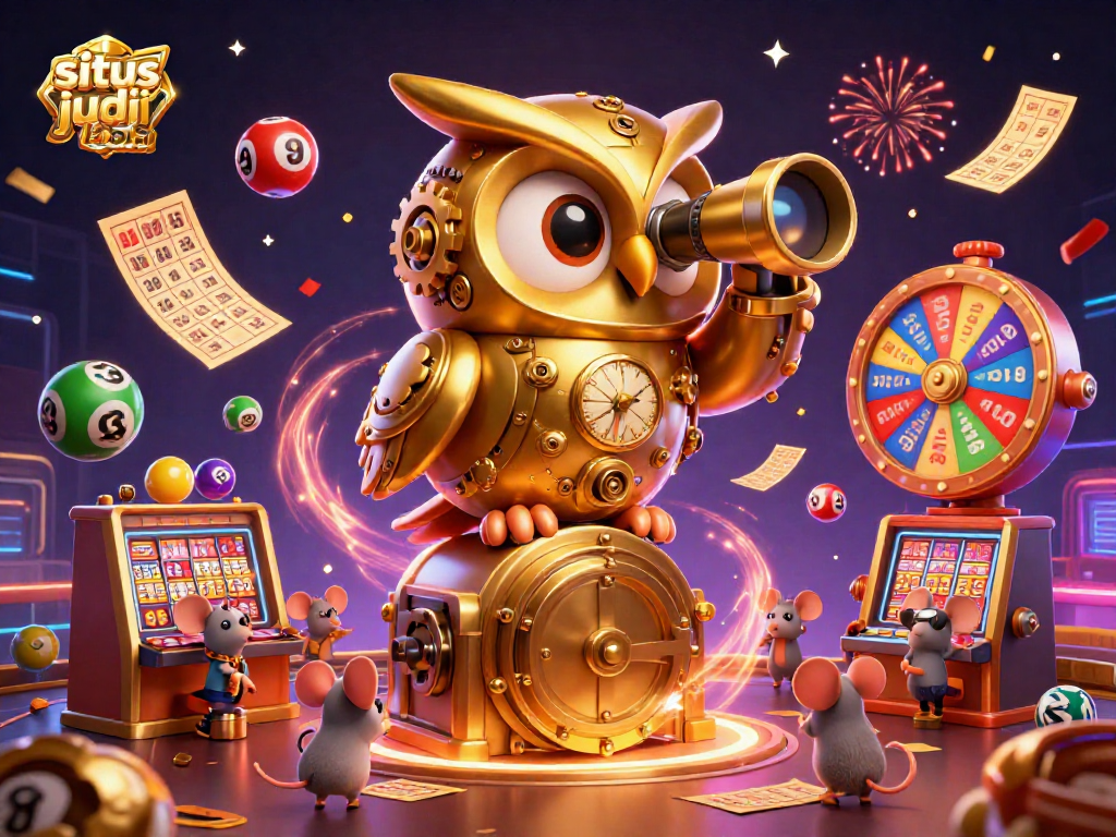 Engage with situs judi bola in an energetic casino scene featuring a golden owl and lottery elements.