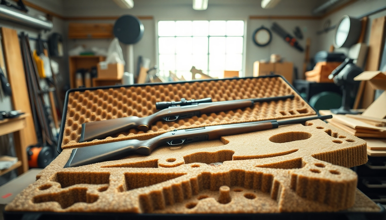 Showcase of foam for rifle case featuring intricate cuts for perfect rifle fit.