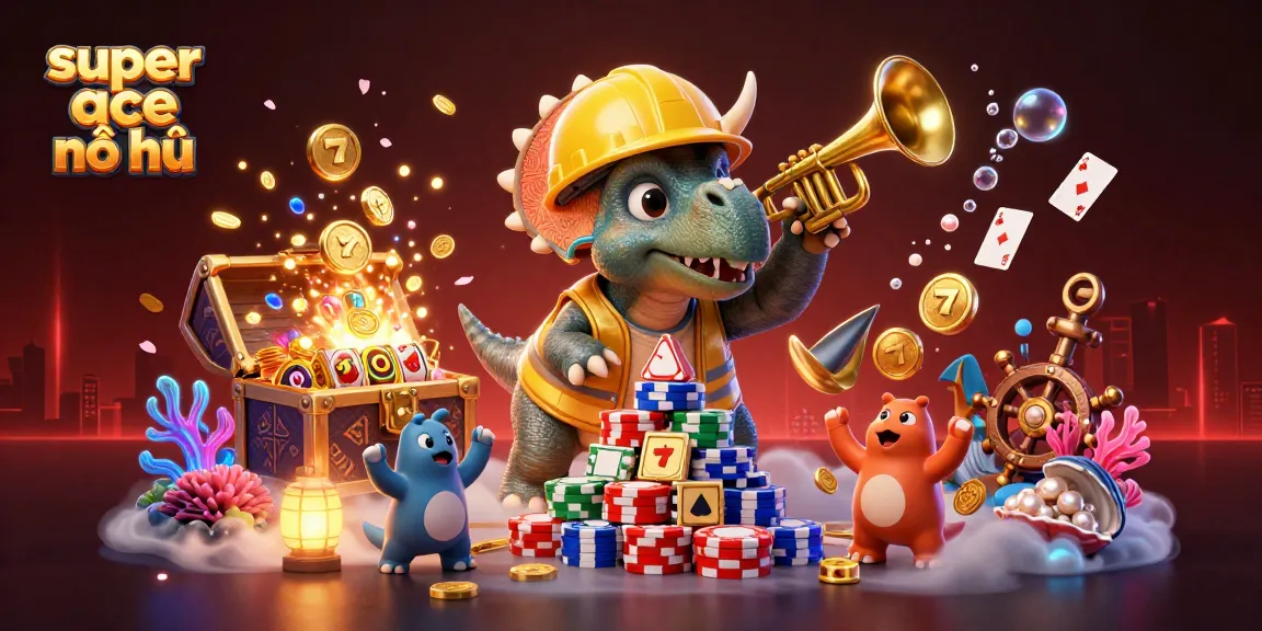 Engage in the excitement of super ace nổ hũ as a lively triceratops builds poker chip stacks amidst vibrant slot elements and cheering companions.