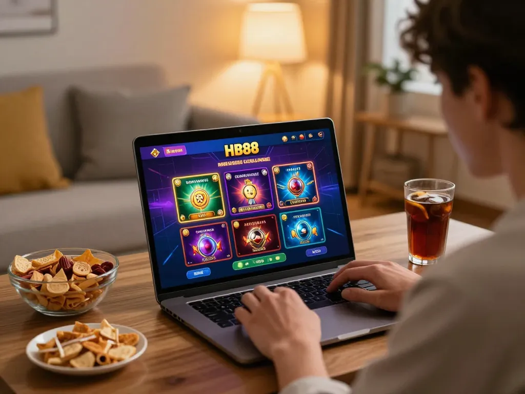 HB88 player engaging in online gambling from home, showcasing the gaming interface on a laptop.