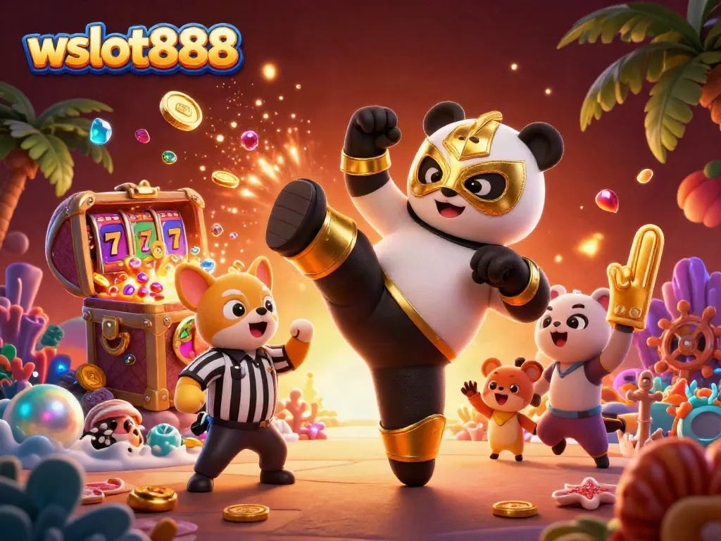 Bermain di wslot888 dengan panda pegulat 3D yang melompat, dikelilingi harta karun dan simbol slot.