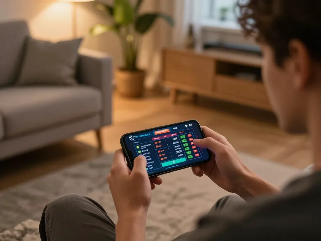 LGO99 sports betting session with a person focused on smartphone displaying live odds.