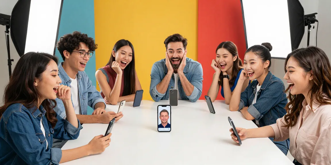 Group of friends guessing their ages using how old do I look facial recognition apps in a photo studio.