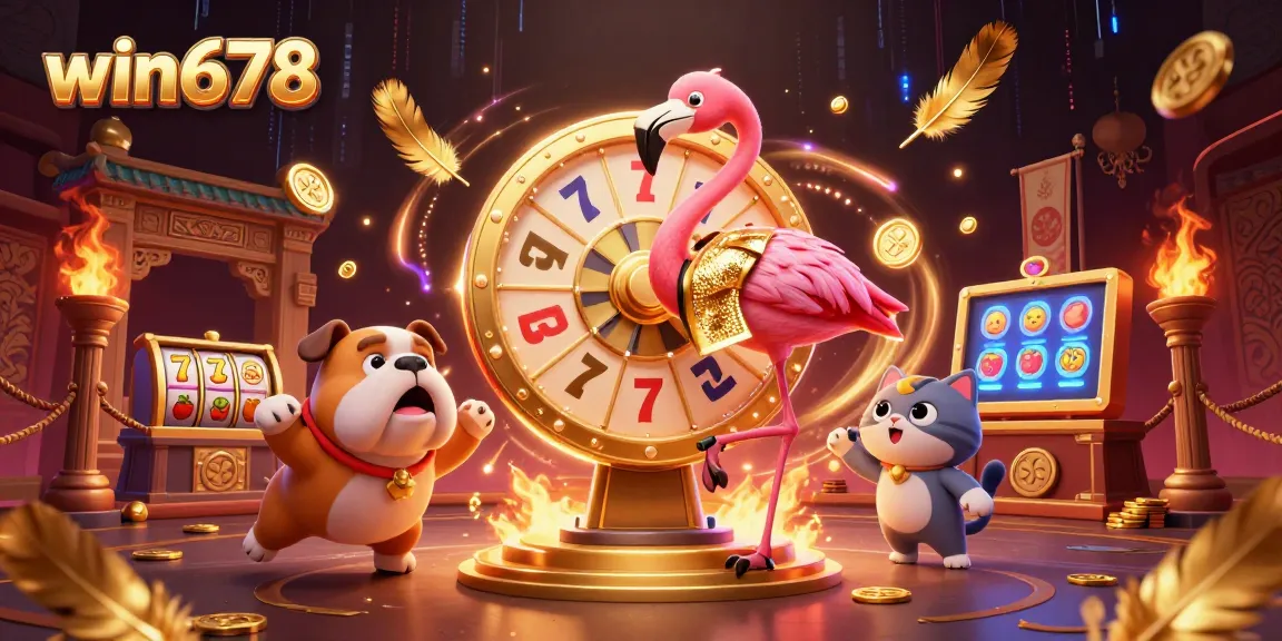 Engage with win678's vibrant casino illustration featuring a prize wheel, excited characters, and dynamic game elements.