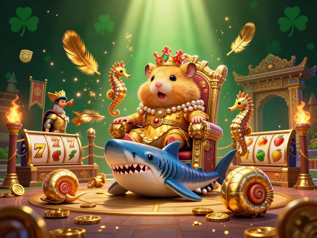 Slot yang menghibur dengan raja hamster, simbol keberuntungan, dan efek dramatis di arena casino.