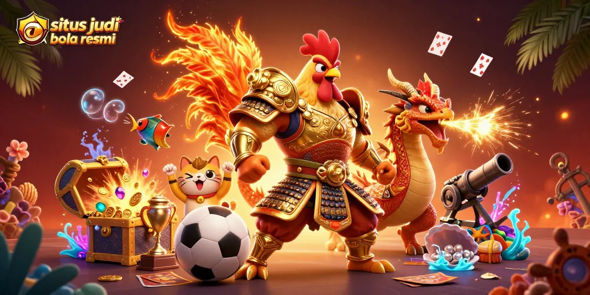 Situs judi bola resmi showcases a dynamic scene with a fighting rooster, dragon hatchling, and casino elements emphasizing sports betting excitement.