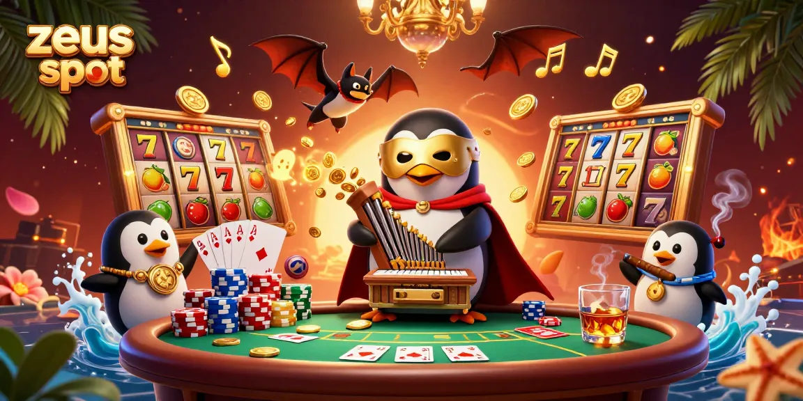 Experience zeus slot excitement with a vibrant scene of a playful penguin and treasures in glittering casino.