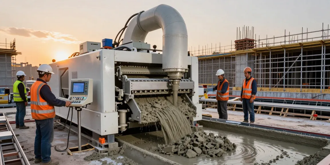 Workers operating the NAGA2000 concrete machine on-site, capturing innovative technology in construction.