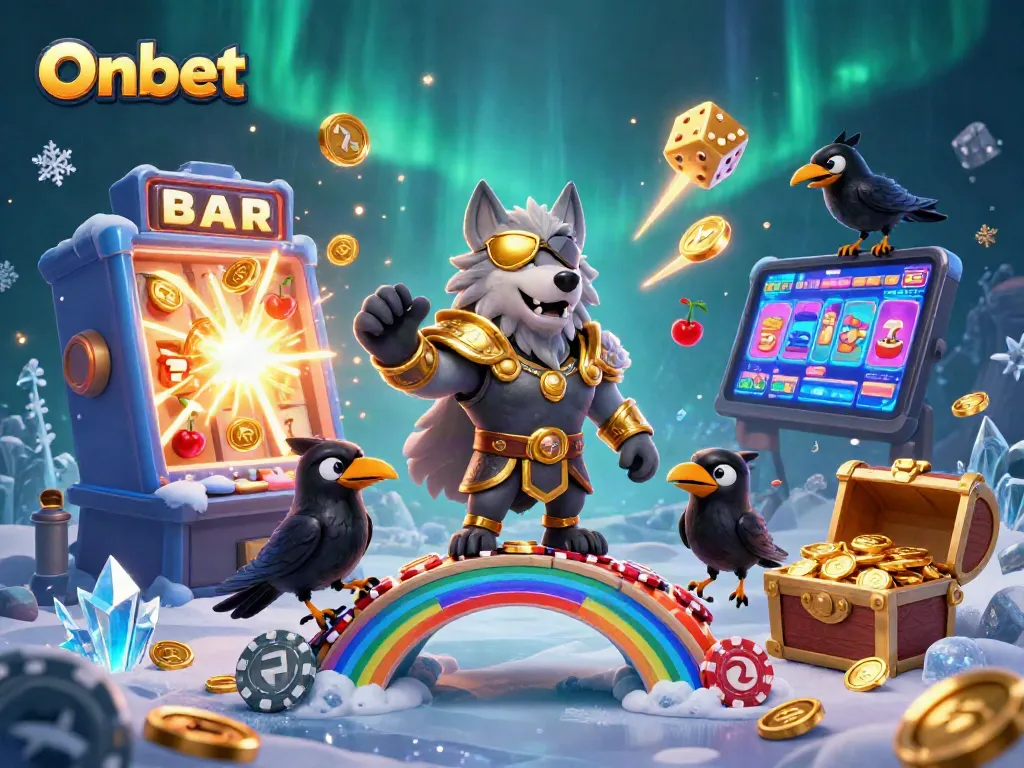 Onbet features a dynamic Norse mythology scene with slot machines and gold treasures exploding.