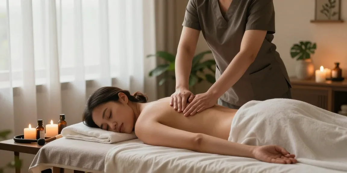 Relaxing 스웨디시 massage setup with therapist and client in serene studio.