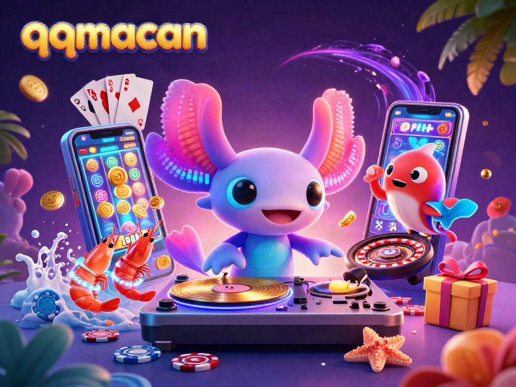 Experience qqmacan’s thrilling casino atmosphere with vibrant visuals of a DJ and animated sea creatures.