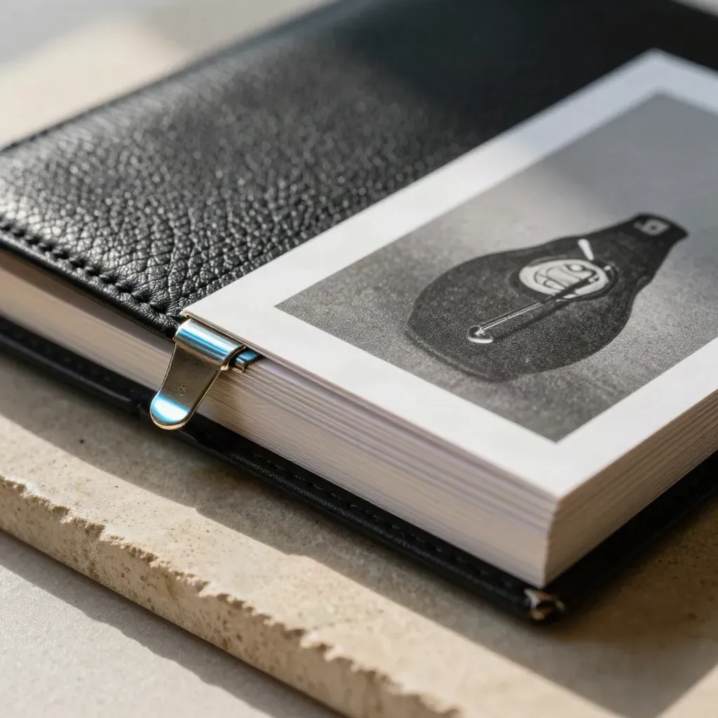 Closed black pitch folio clipped shut beside unprinted mockup cards on a khaki stone surface.