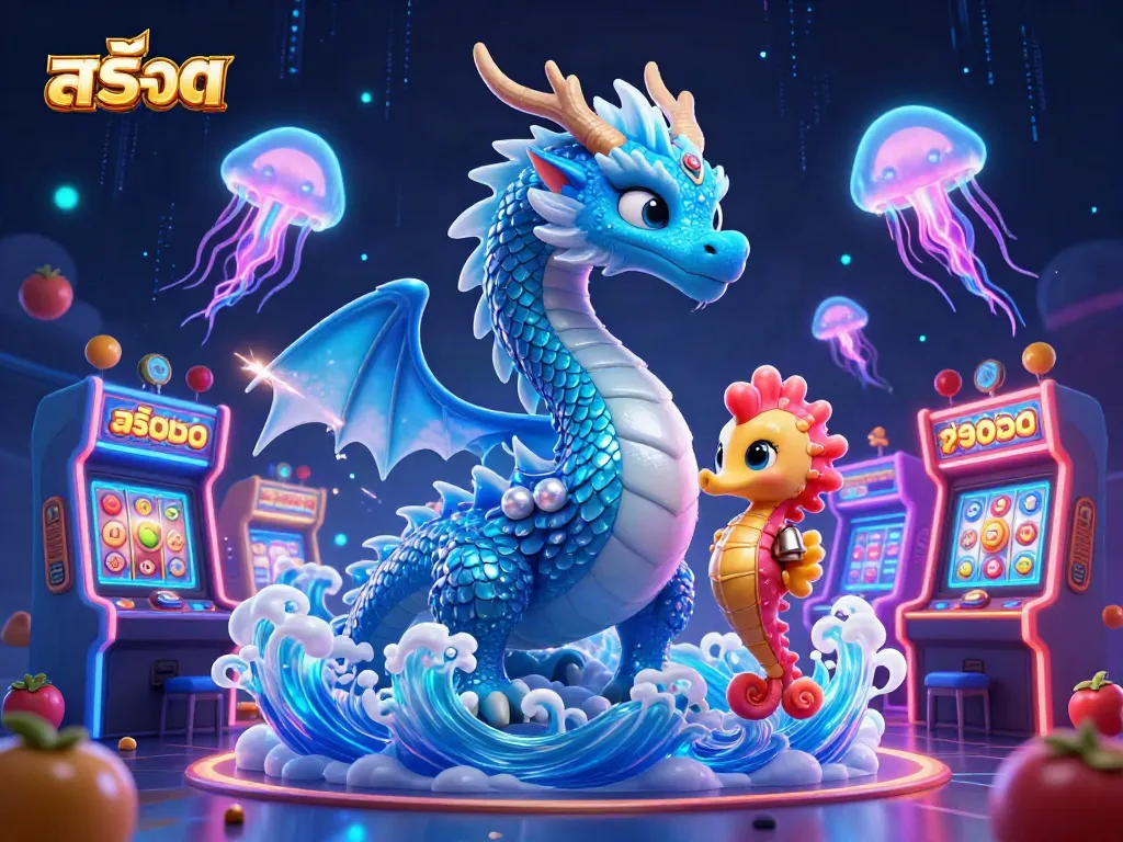 เล่นสล็อตกับมังกรน้ำและอัศวินม้าน้ำในภาพ 3D ซูมชัด ที่มีสีสันสวยงาม