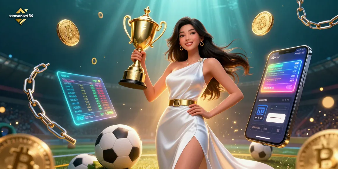 Win big with samsonbet86 featuring a victorious Asian woman holding a trophy amidst sports betting elements and cryptocurrency icons.