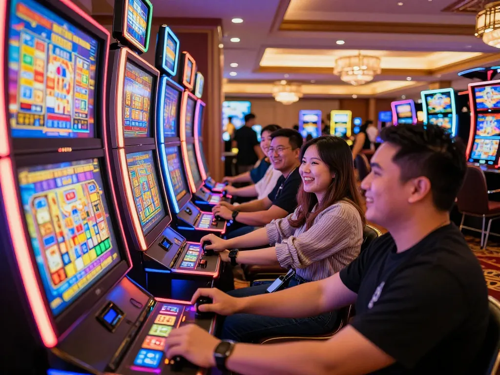 Players enjoying vibrant situs slot action at colorful slot machines in a lively casino setting.